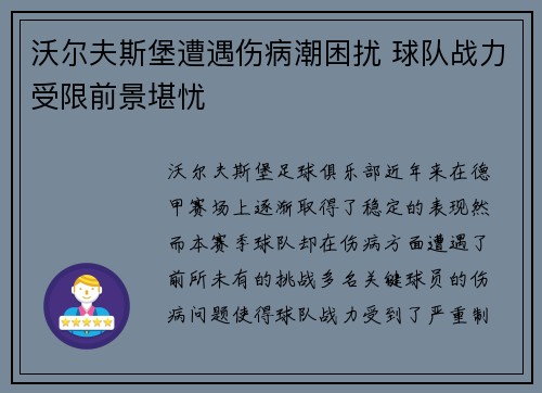 沃尔夫斯堡遭遇伤病潮困扰 球队战力受限前景堪忧