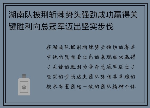 湖南队披荆斩棘势头强劲成功赢得关键胜利向总冠军迈出坚实步伐