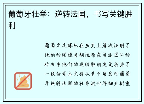 葡萄牙壮举：逆转法国，书写关键胜利